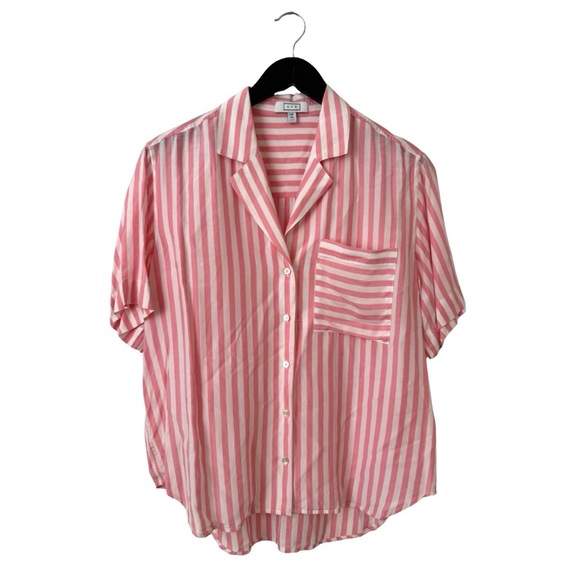 AYR Medium Pool Boy Shirt Pink Stripe Silk-Blend Short Sleeve Button Down Casual - Picture 2 of 7